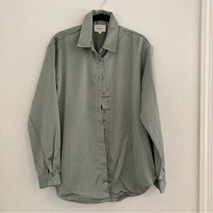 Bohme mint green satin pinstripe long sleeve button up top, metallic stripes, M